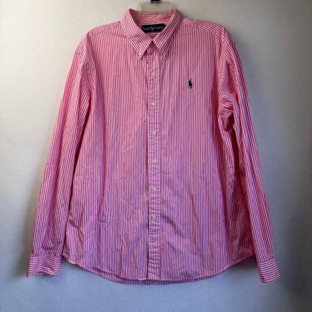 Ralph Lauren Shirt Mens XL Pink White Stripe Blue pony‎ button down blue label